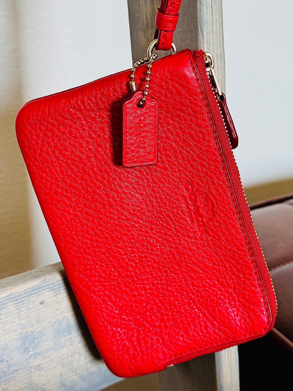 💄Coach Pebbled Leather Double Zip Wristlet | Cherry Red | Two Compartment Wallet